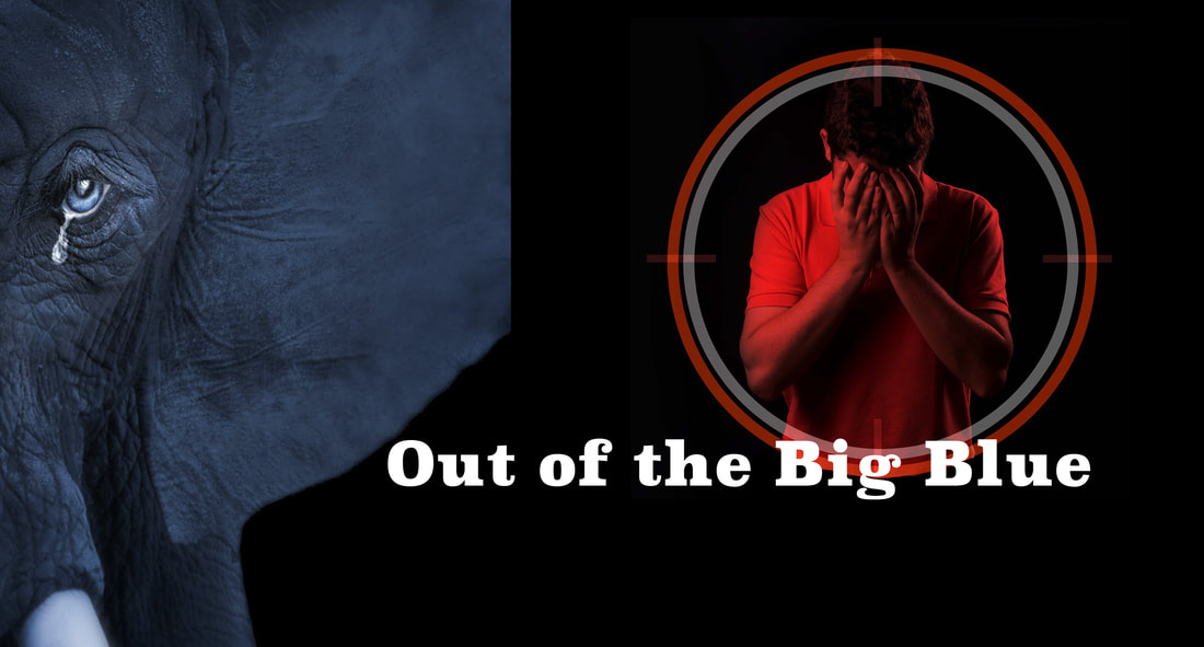 Image of a man in despair with a target on him and the IBM Big Blue Elephant crying.