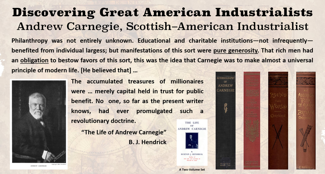 A high-quality, color slide with pictures of Andrew Carnegie and the spines of several of his biographies and autobiographies.