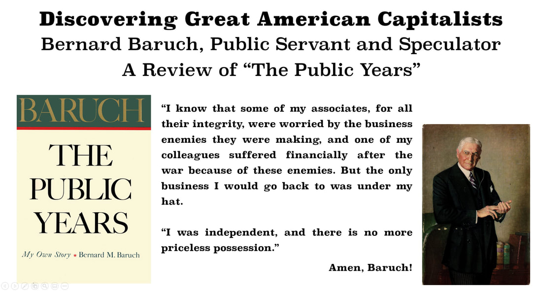 A high-quality, color slide with a portrait of a standing Bernard Baruch and the front cover of his book, 