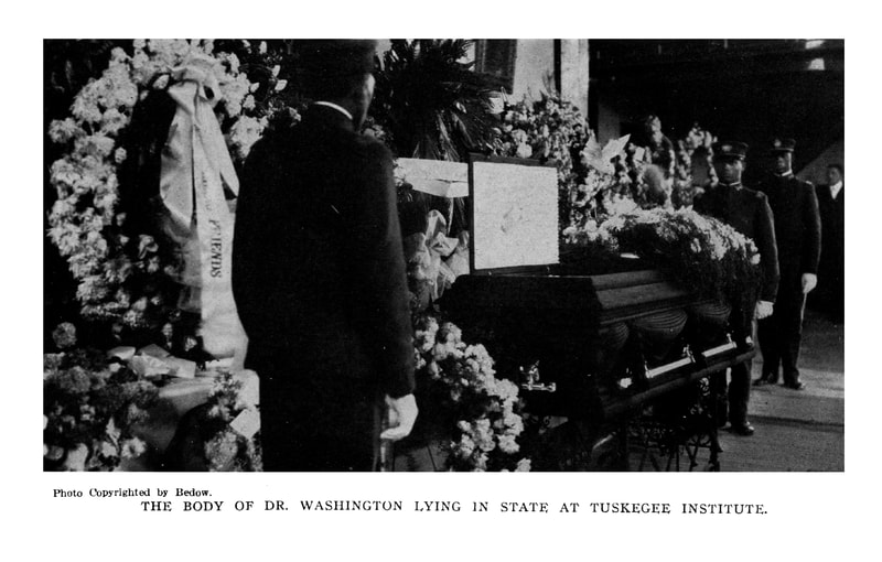A high-quality picture of the body of Booker T. Washington lying in state at Tuskegee Institute.