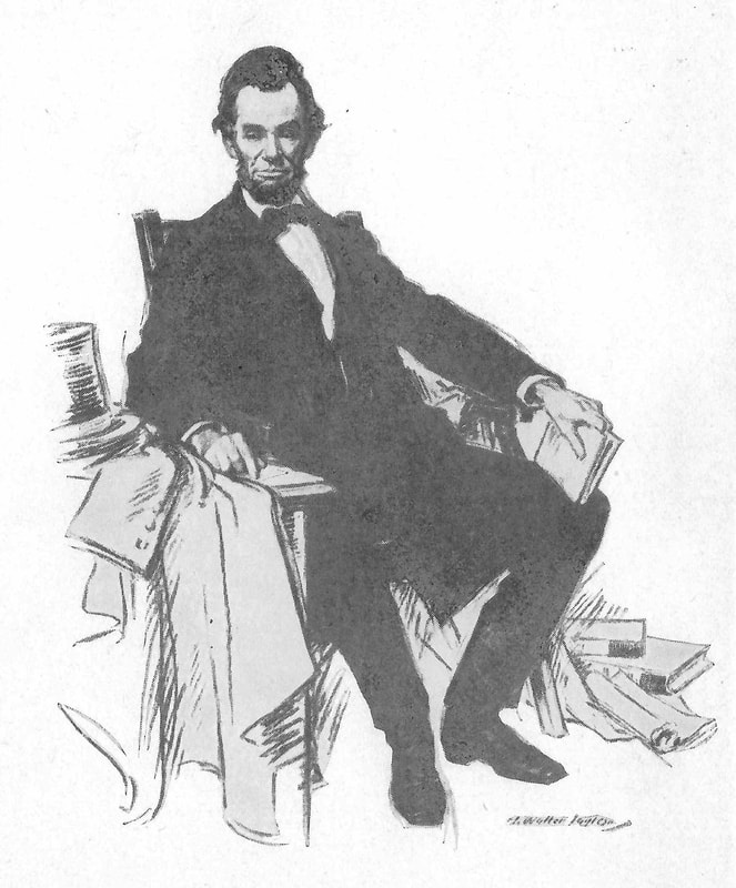Picture of Abraham Lincoln sitting in his chair with books and overcoat.