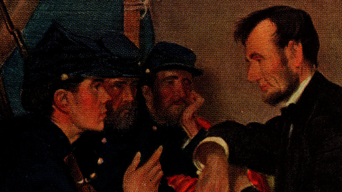 A high-quality image of Lincoln in a personal conversation with Union soldiers.