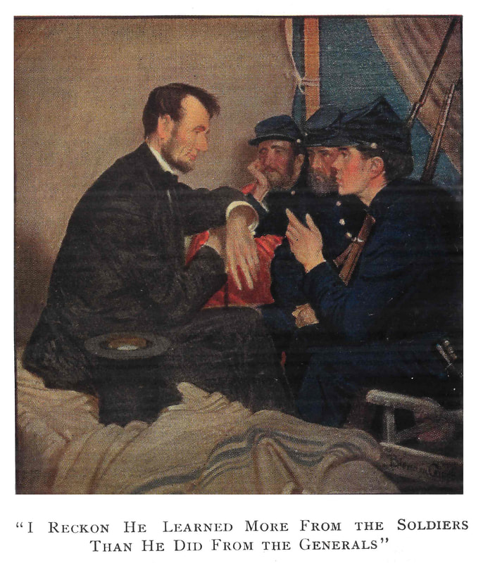 Picture of Abraham Lincoln sitting with some Union soldiers in a tent.