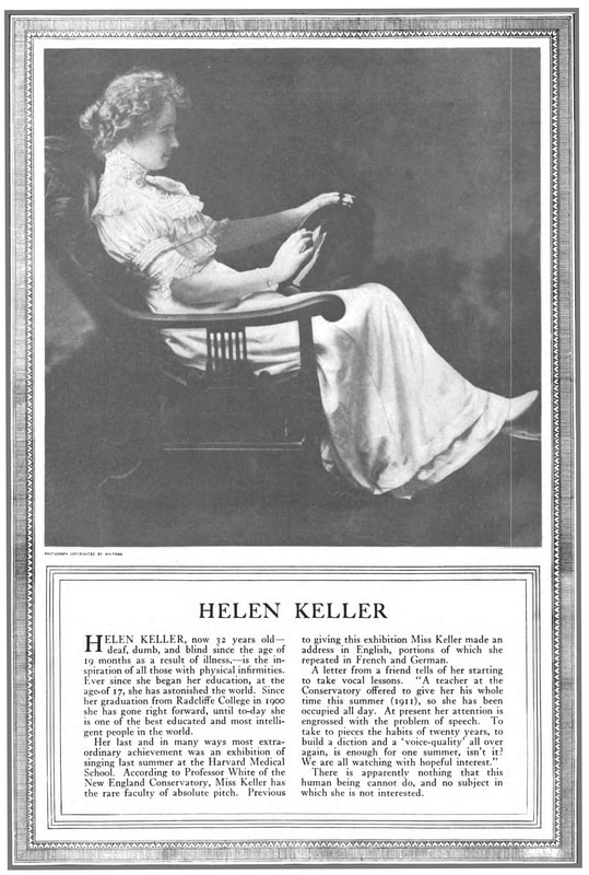 A high quality picture of Helen Keller sitting in a chair reading braille from 