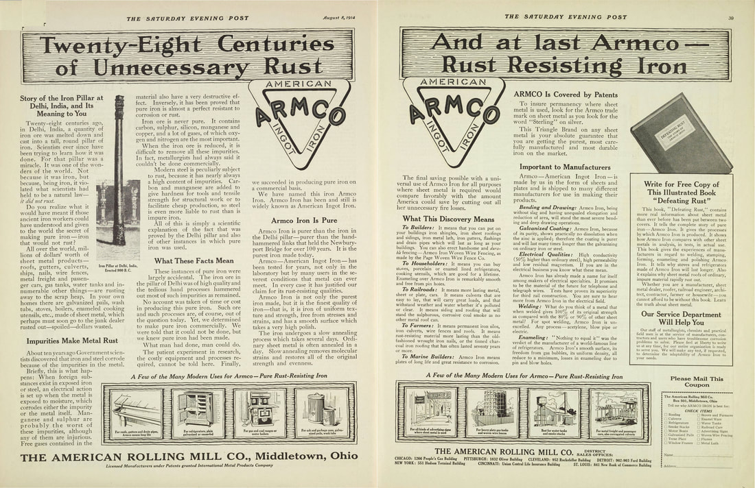 Image of early advertising done by ARMCO - American Rolling Mill Company in the Saturday Post targeting end users/customer.