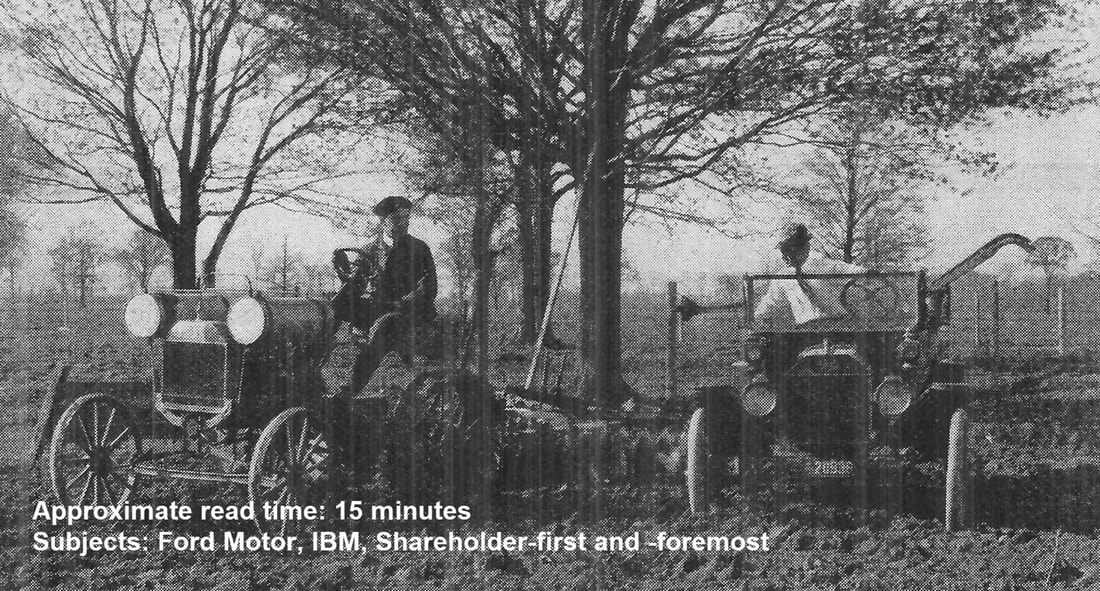 Image of two Ford machines in a field: A Ford Car and a Ford Tractor.