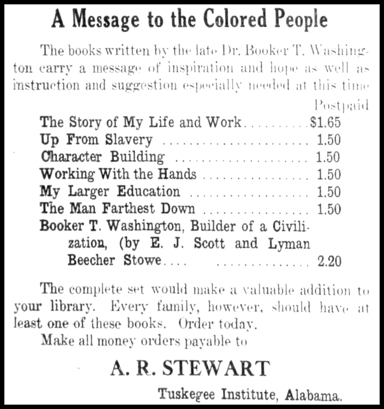Image of newspaper advertisement by Tuskegee Institute showing the books by Booker T. Washington as of 1918.