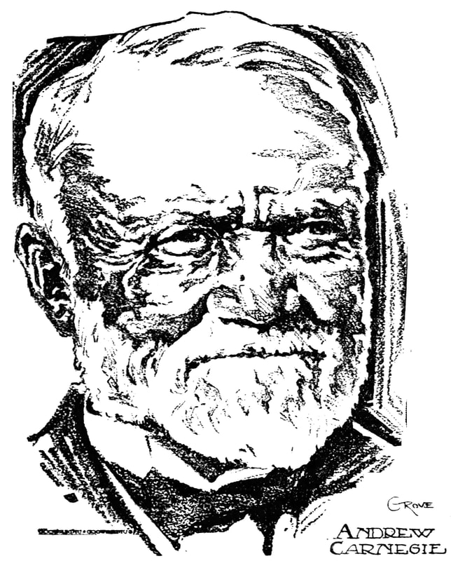Black and white hand drawn image of Andrew Carnegie.