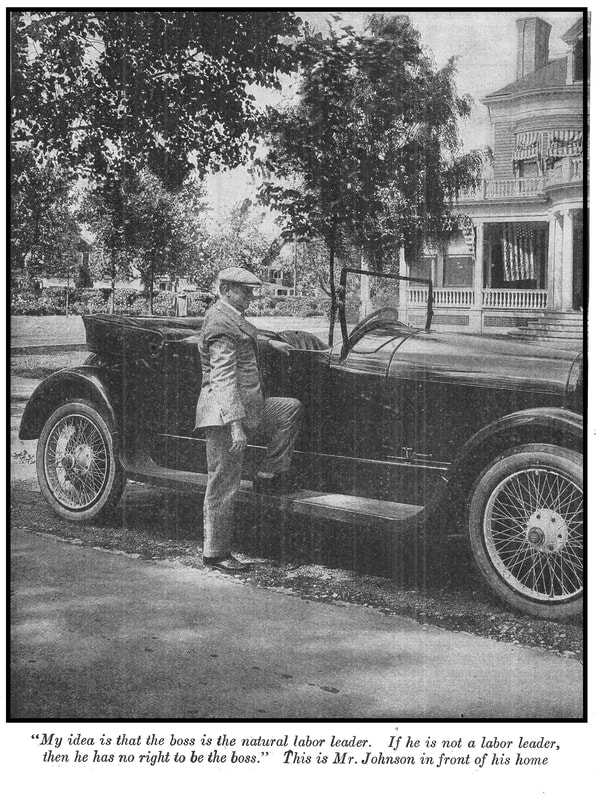 Picture of George F. Johnson standing by his car from System: Magazine of Business.