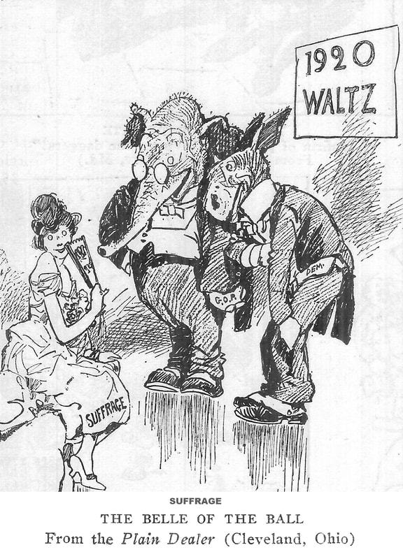 1920s cartoon showing the GOP and Democrats wooing the suffragette vote in 1920.