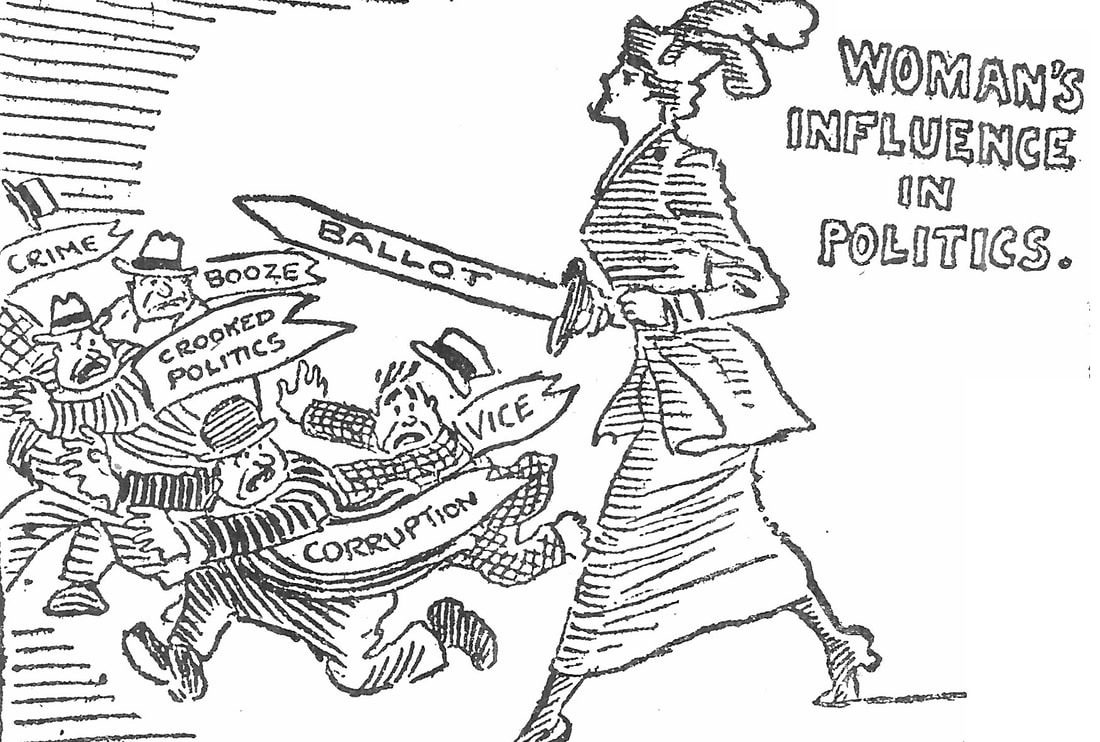 Image of Woman Suffragette taking on Crooked Politics, Corruption, Vice, Crime and Booze.