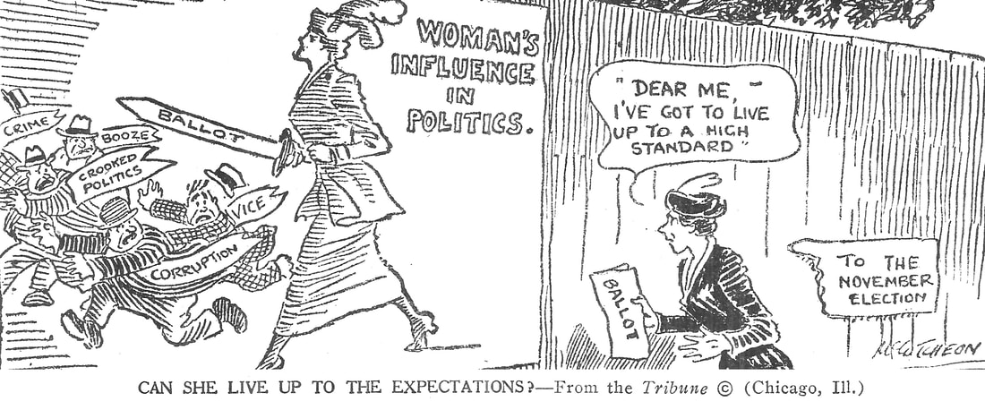 A cartoon from American Review of Reviews showing a suffragette yielding a sword to fight corruption, vice, booze, crooked politics, and crime.