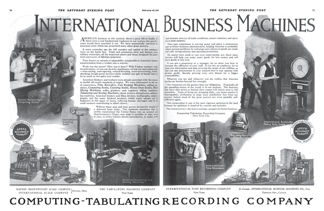 An International Business Machines and Computing-Tabulating-Recording Company Advertisement from the February 26, 1921 issue of The Saturday Evening Post.