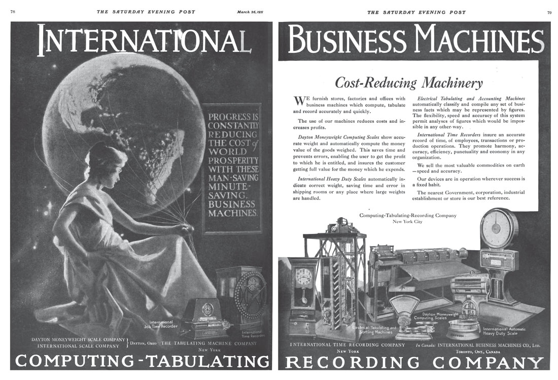 An International Business Machines and Computing-Tabulating-Recording Company Advertisement from the March 26, 1921 issue of The Saturday Evening Post.