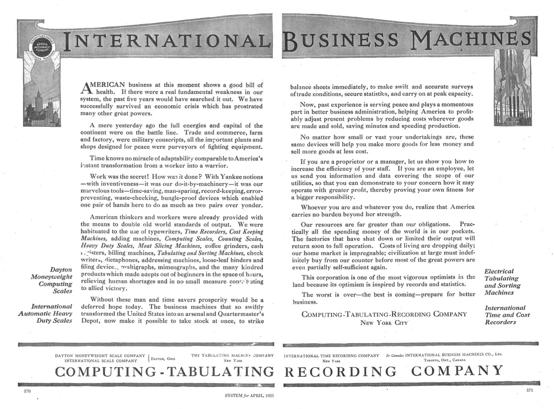 An International Business Machines and Computing-Tabulating-Recording Company Advertisement from the April 1921 issue of System: The Magazine of Business.