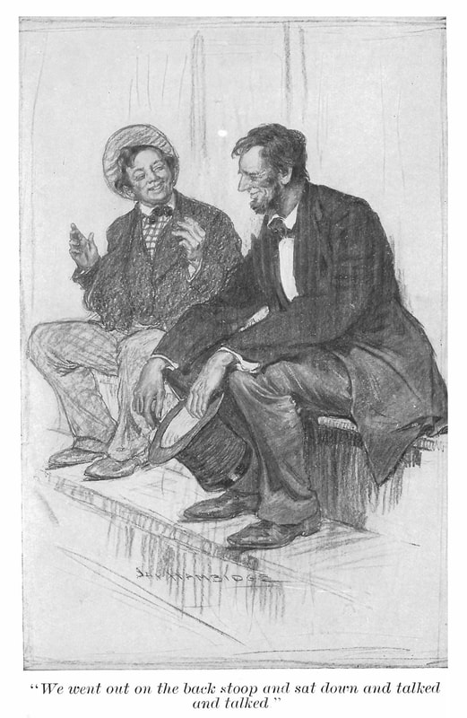 Drawing of Abraham Lincoln sitting on the White House steps talking to Billy Brown.