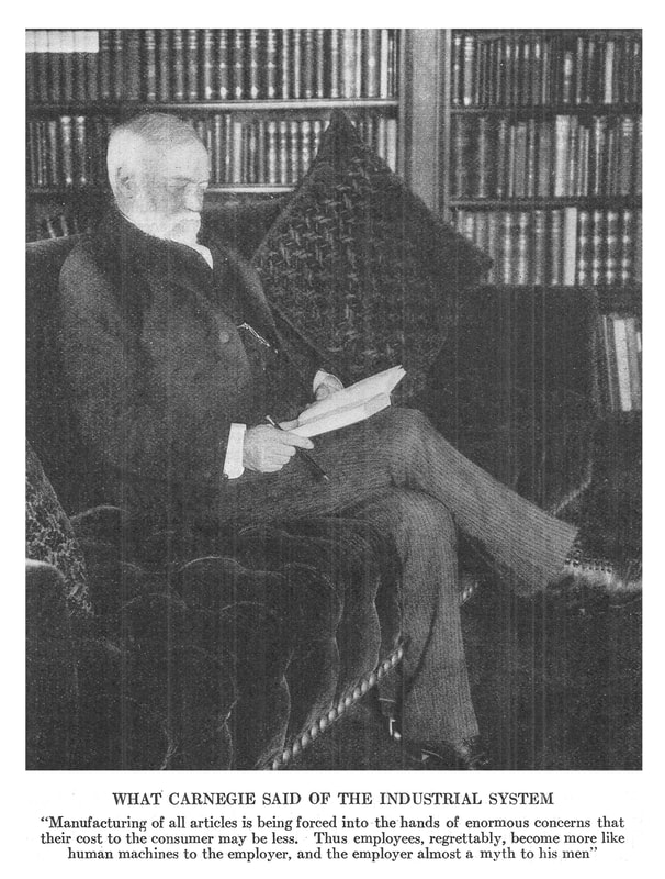 Picture of Andrew Carnegie reading in his library.