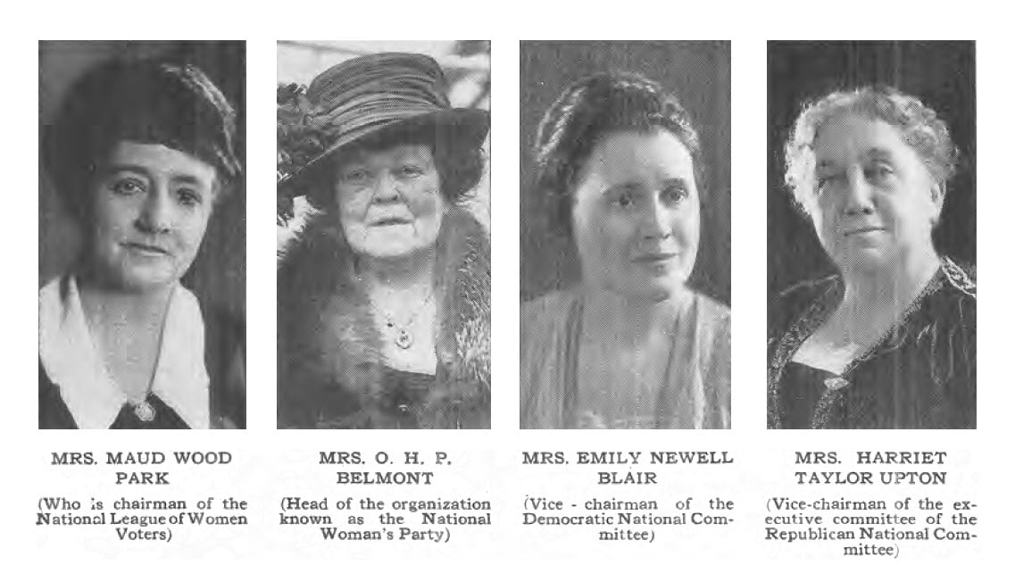 A single slide with pictures of Mrs. Maude Wood Park, Mrs. Belmont, Mrs. Emily Newell Blair, and Mrs. Harriett Taylor Upton.