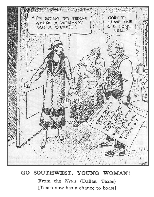 A 1920s cartoon showing a woman leaving home for Texas as the home of political opportunity.