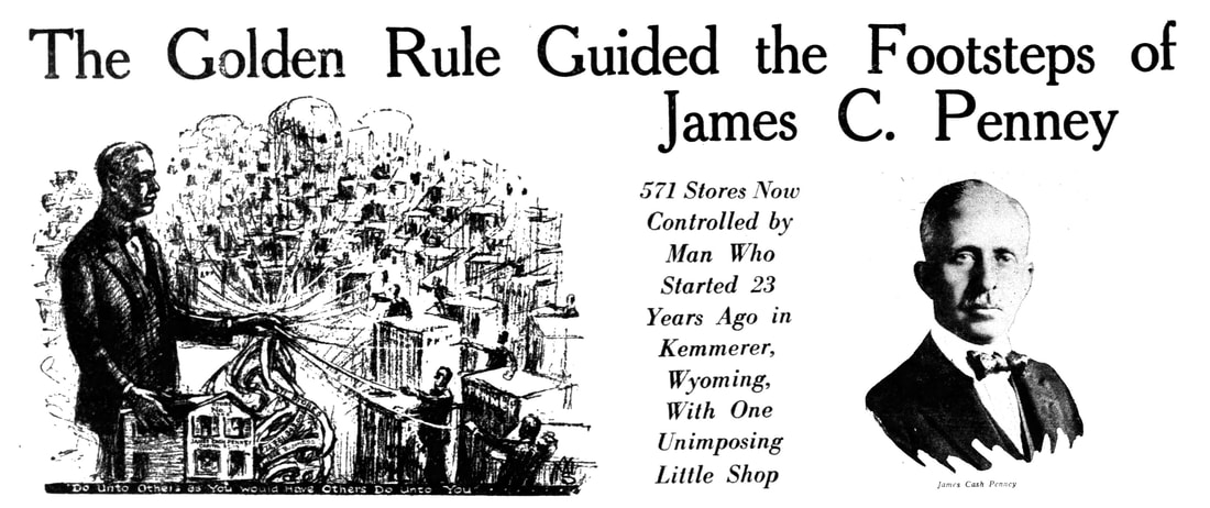 Article heading from the 1925 - 03 - 29 Brooklyn Daily Eagle with picture of James C. Penney and Golden Rule.