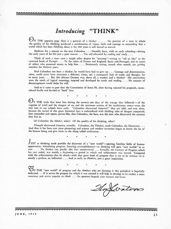 A high-quality image of Thomas J. Watson Sr.'s first THINK Magazine editorial from THINK Magazine in June 1935.