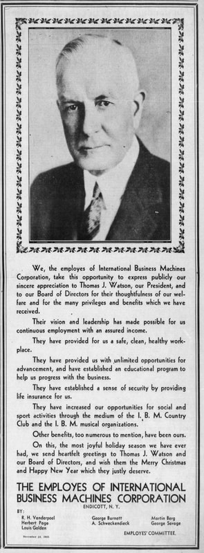 Newspaper advertisement taken out by IBM employees in support of Thomas J. Watson Sr. as the 