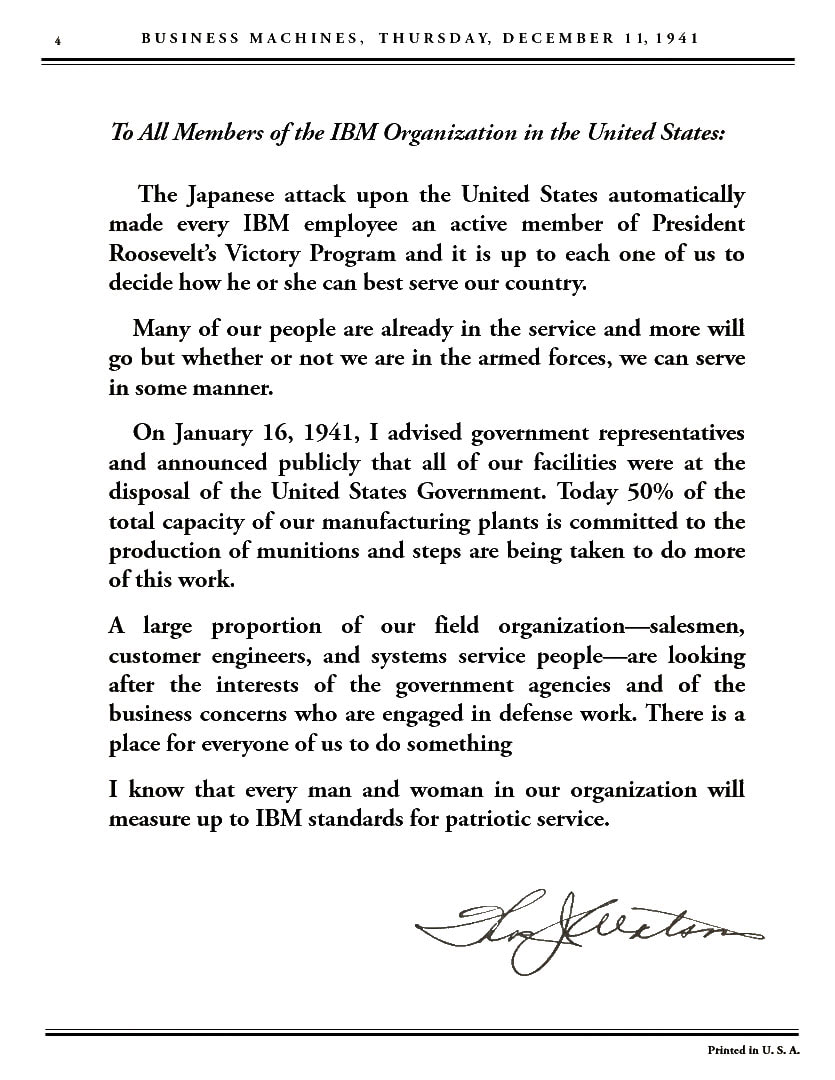Image of letter to IBM employees that Tom Watson was turning over facilities to the government.