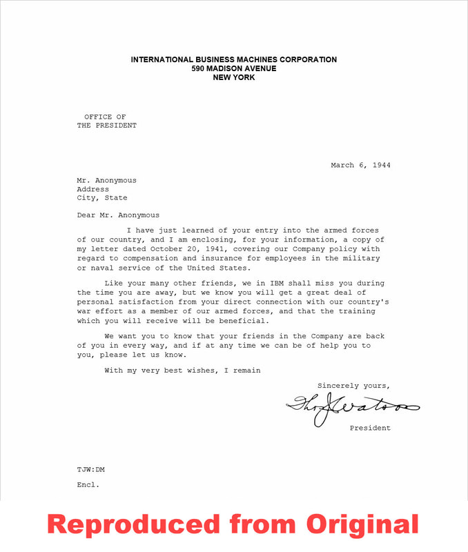 Replica of a letter sent by Thomas J. Watson Sr. to IBM employees who entered the service during World War II.