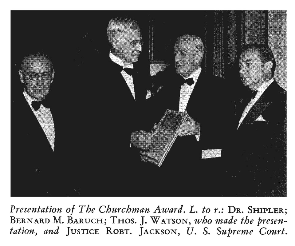 Picture of Thomas J. Watson Sr. presenting The Churchman Award to Bernard M. Baruch.