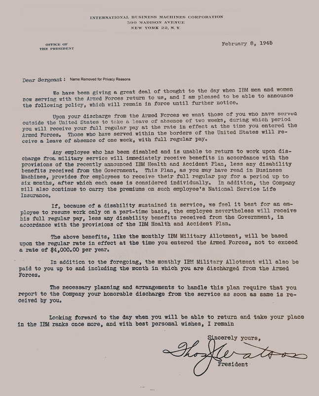 Letter from Thomas J. Watson Sr. to IBM World War II Serviceman about his IBM Benefits when he returns from the war.