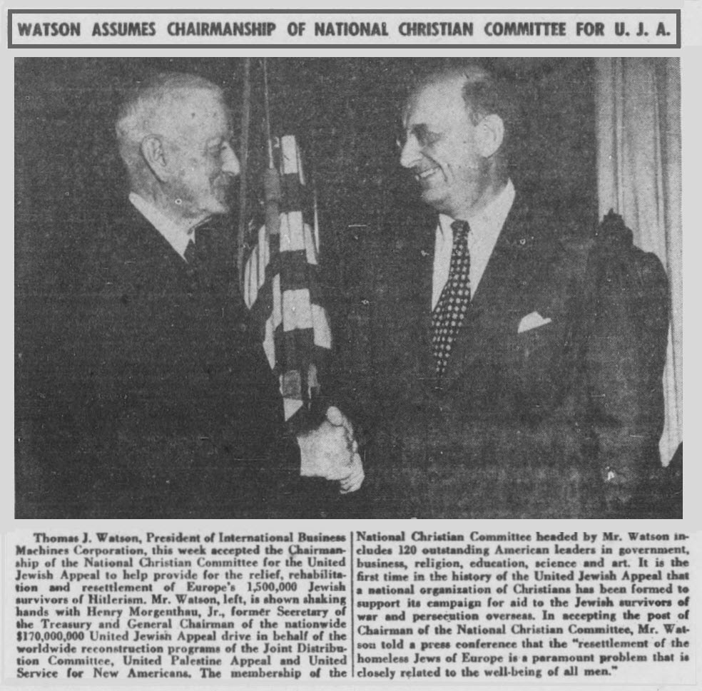 Picture of Thomas J. Watson Sr. and Henry Morgenthau Jr. working for the United Jewish Appeal.