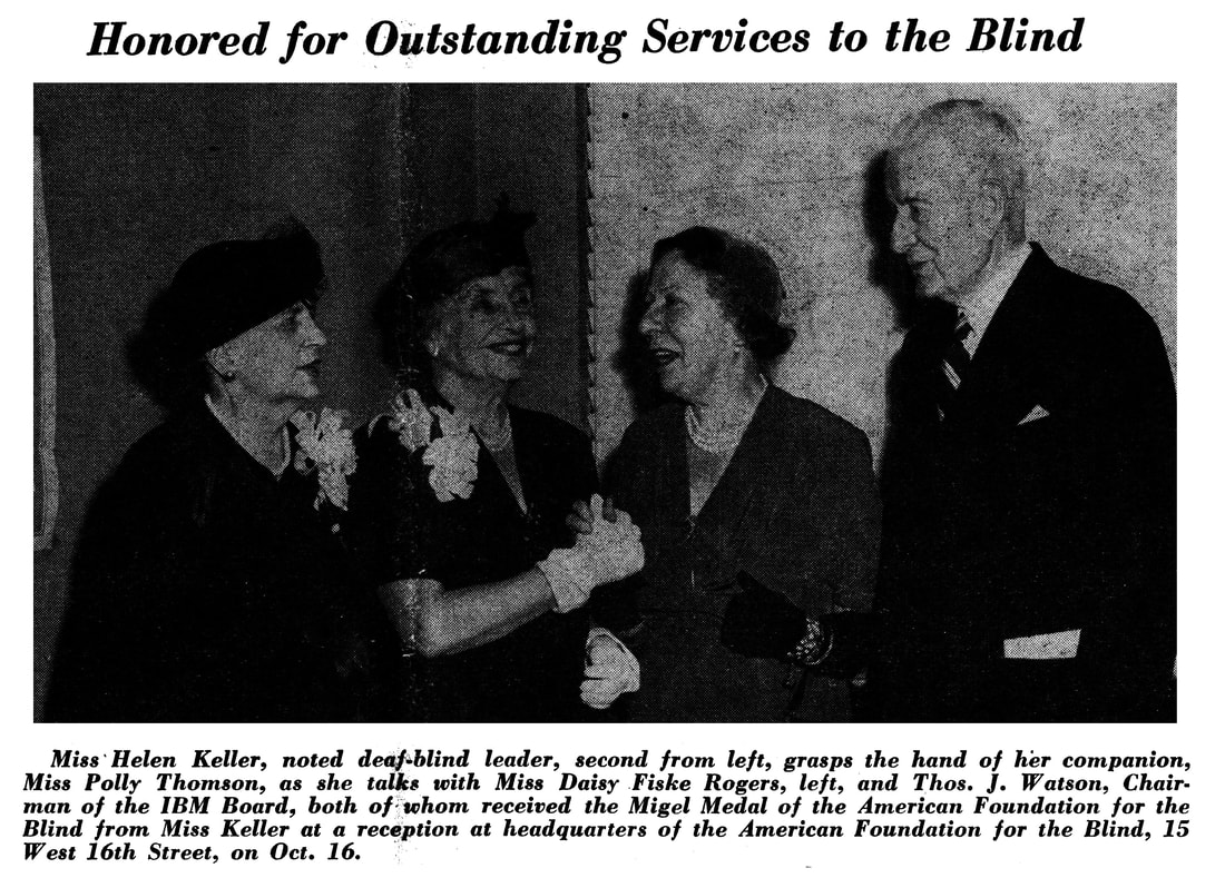 Picture of Helen Keller presenting the Migel Medal award to Thomas J. Watson Sr.