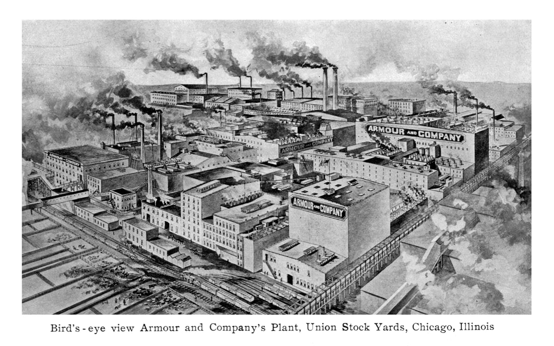 Picture black and white drawing of Armour and Company's Plant at Union Stock Yards, Chicago, Illinois.