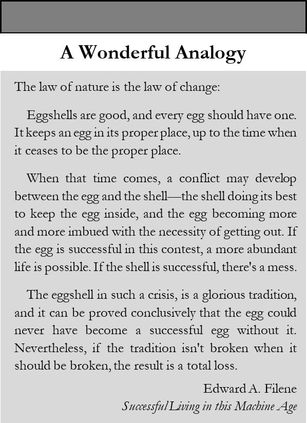 A Sidebar image showing an analogy of Edward A Filene about change using eggs and egg shells and growth.