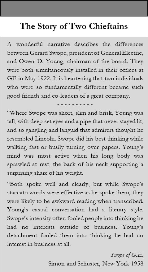 A sidebar image that shows the difference in leadership styles and speaking between Gerard Swope and Owen D. Young.
