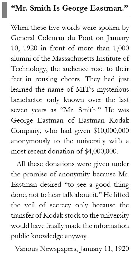 Sidebar that describes how George Eastman was the anonymous donor 