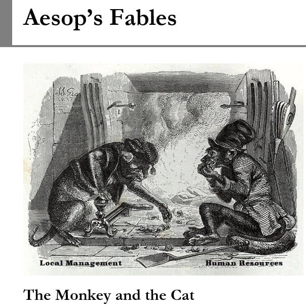 Image of The Monkey and the Cat from Aesop's Fables reflecting the relationship of IBM's first-line management with its corporate executives.