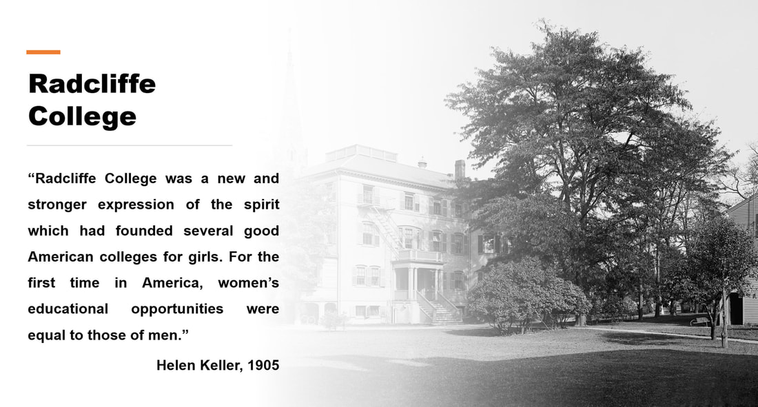 Image of Radcliffe College with a quote of Helen Keller's about the women's college.