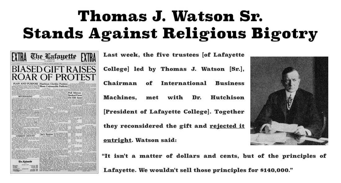 Picture of Thomas J. Watson Sr. and The Lafayette College Paper with headline: Watson Sr. Stands Against Religious Bigotry.