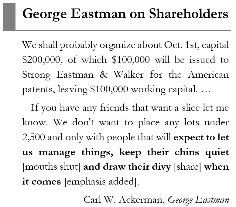 Sidebar image with George Eastman's perspective on shareholder involvement in the corporation.