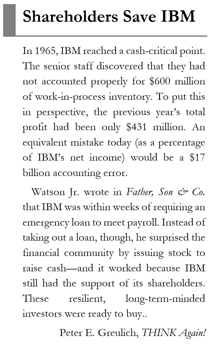 Sidebar image showing how shareholders saved IBM during the building of the mainframe in 1965.