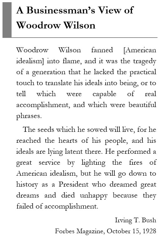 Sidebar image showing Irving T. Bush's opinion of Woodrow Wilson.