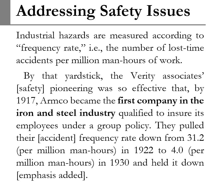 Sidebar image showing George M. Verity's concern for the safety of his employees and his achievements in the steel industry.