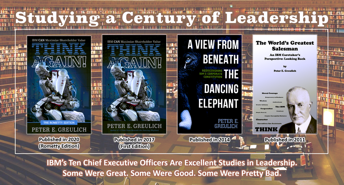 Image showing four books about IBM and IBM Leadership: The World's Greatest Salesman, A View from Beneath the Dancing Elephant and THINK Again: IBM CAN Maximize Shareholder Value (2 Editions).
