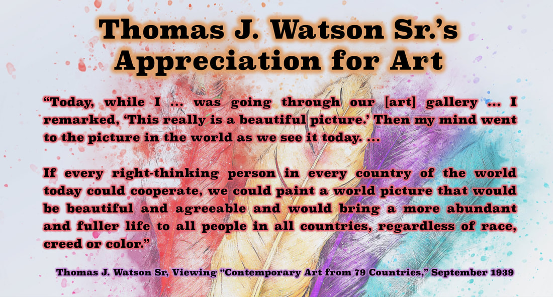 Picture of multi-colored feathers on a background with a quote from Tom Watson Sr. on his appreciation of art.