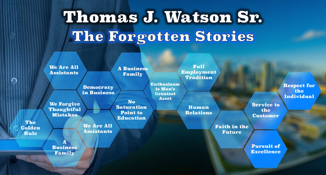 A slide of Thomas J. Watson Sr.'s Forgotten Stories: The Golden Rule, We Are All Assistants, We Forgive Thoughtful Mistakes, Human Relations, Education and Human Relations.