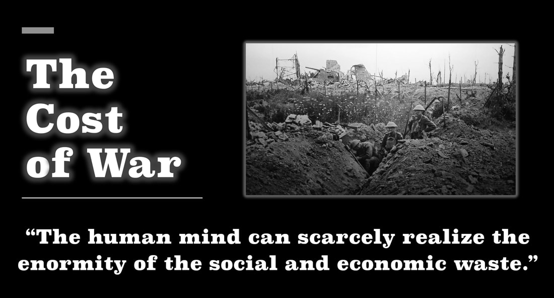 A black and white slide with image of World War I and the tagline: 