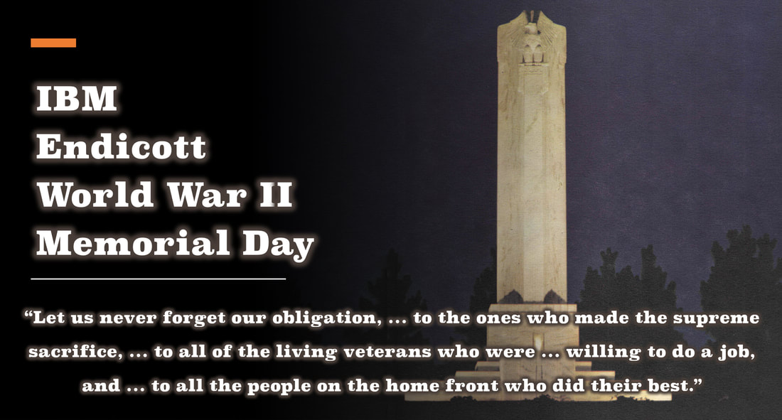A high-quality color slide with a picture of the IBM Endicott World War II Memorial with the tagline: 