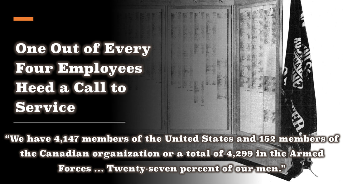 A high-quality black and white slide with image of listing of IBM's employees in the service and tagline of 