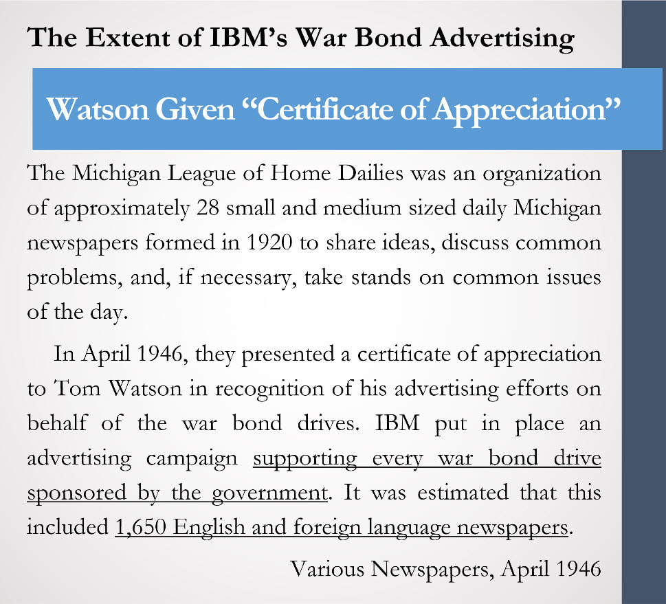 A sidebar image that documents the size and expanse of IBM's wartime advertising for U.S. War Bonds.